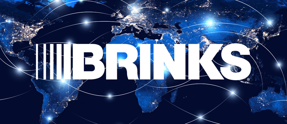 Brinks displayed over a graphic displaying an interconnected map of the world